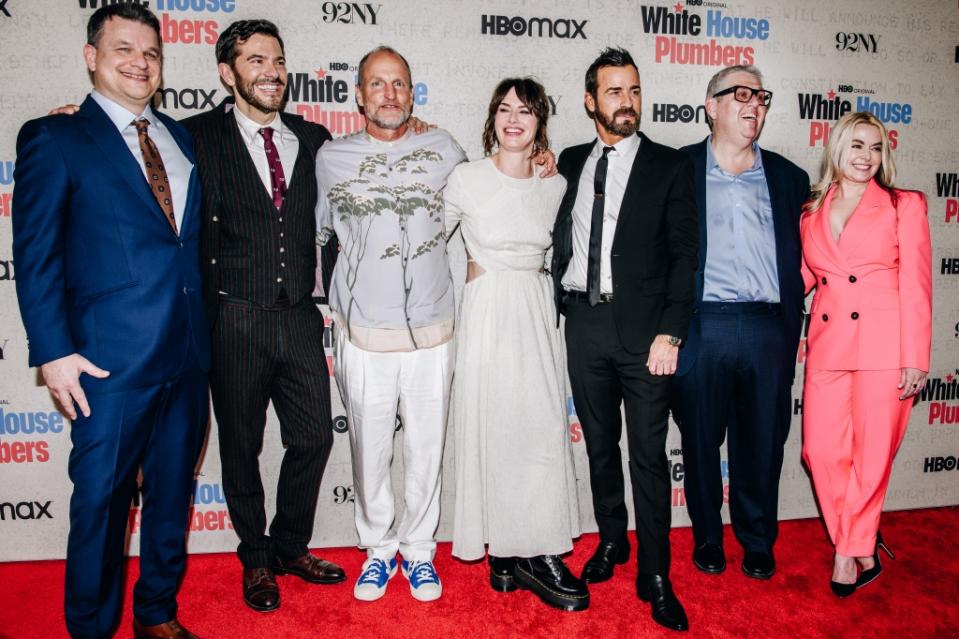 Alex Gregory, Peter Huyck, Woody Harrelson, Lena Headey, Justin Theroux, David Mandel and Kathleen McCaffrey at the premiere of "White House Plumbers" held at the 92nd Street Y on April 17, 2023 in New York City.