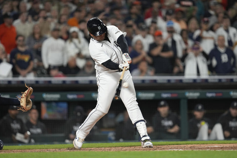 Detroit Tigers' Miguel Cabrera hits a double against the Cleveland Guardians in the fifth inning of a baseball game, Friday, Sept. 29, 2023, in Detroit. (AP Photo/Paul Sancya)