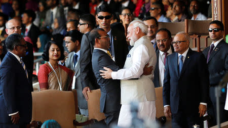 India's Prime Minister Narendra Modi (Front R) shares a moment with Maldives former President Mohamed Nasheed during the swearing-in ceremony of President-elect Ibrahim Mohamed Solih in Male, Maldives November 17, 2018. REUTERS/Ashwa Faheem