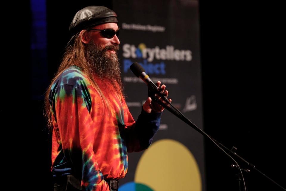 Justin Appel shares his story at the Des Moines Register Storytelling Project at Hoyt Sherman in Des Moines on Tuesday, Aug. 20, 2019.