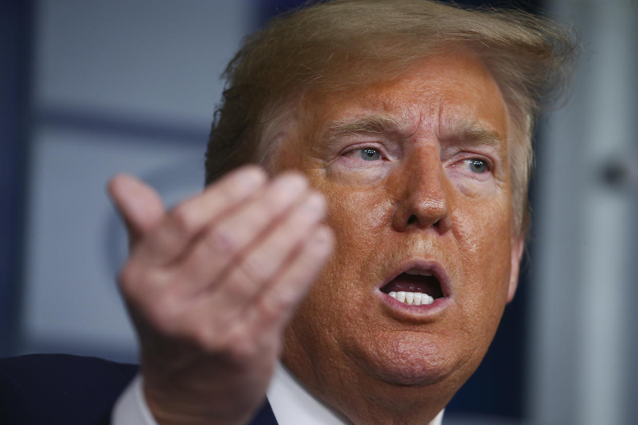 President Trump speaks during a coronavirus briefing at the White House on April 19. (Tasos Katopodis/Getty Images)