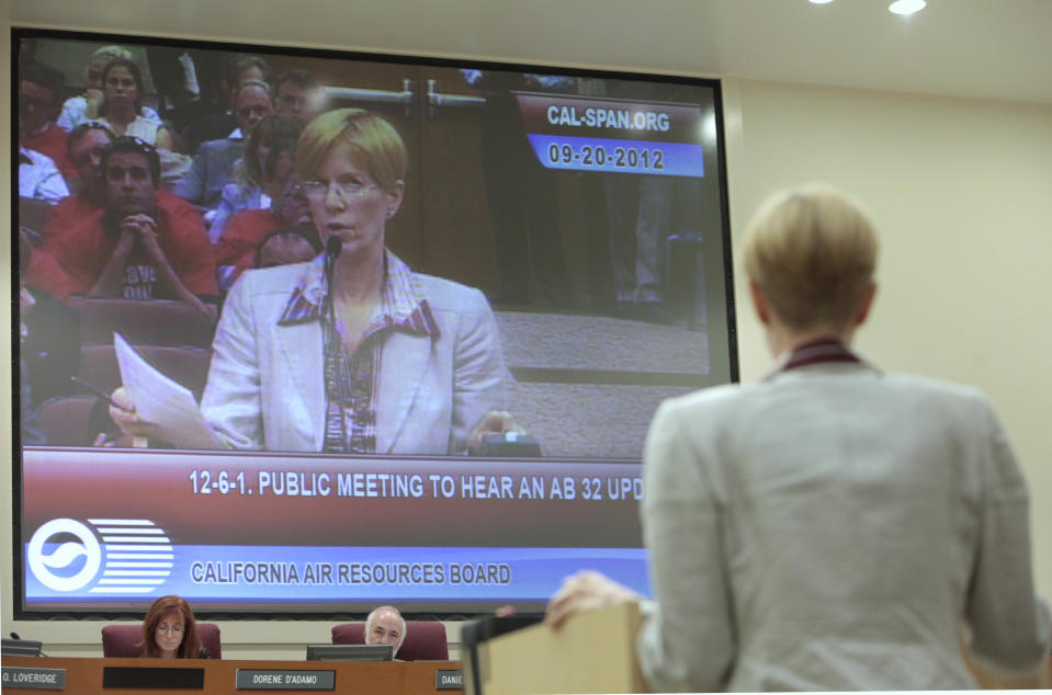 Dorothy Rothrock, of the California Manufacturers & Technology Association, urged members of the California Air Resources Board to reconsider the state's pending cap-and-trade program for carbon emissions during a hearing held Thursday, Sept. 20, 2012, in Sacramento, Calif. The board took testimony from experts and the public on the the cost to businesses and consumers with the implementation of AB32, California's landmark greenhouse gas emissions law. (AP Photo/Rich Pedroncelli)