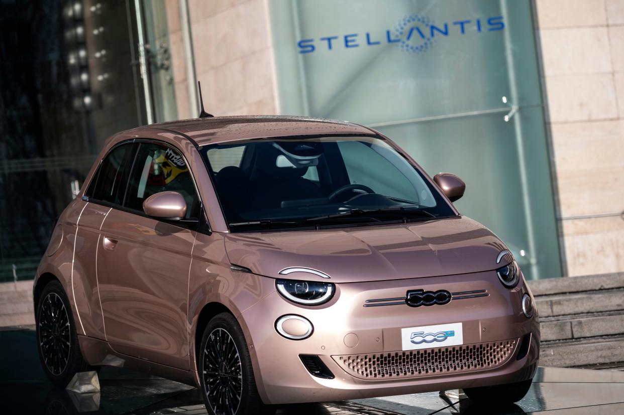 Fiat's Prima 500 electric car displayed at the entrance of its car plant in Turin, northern Italy. Photo: Marco Bertorello/AFP via Getty Images