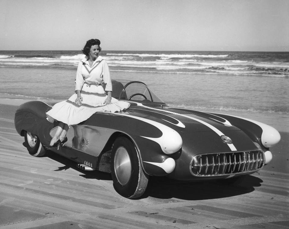 Betty Skelton poses with a Chevrolet Corvette on Daytona Beach circa 1956. ISC Archives Photo via Getty Images