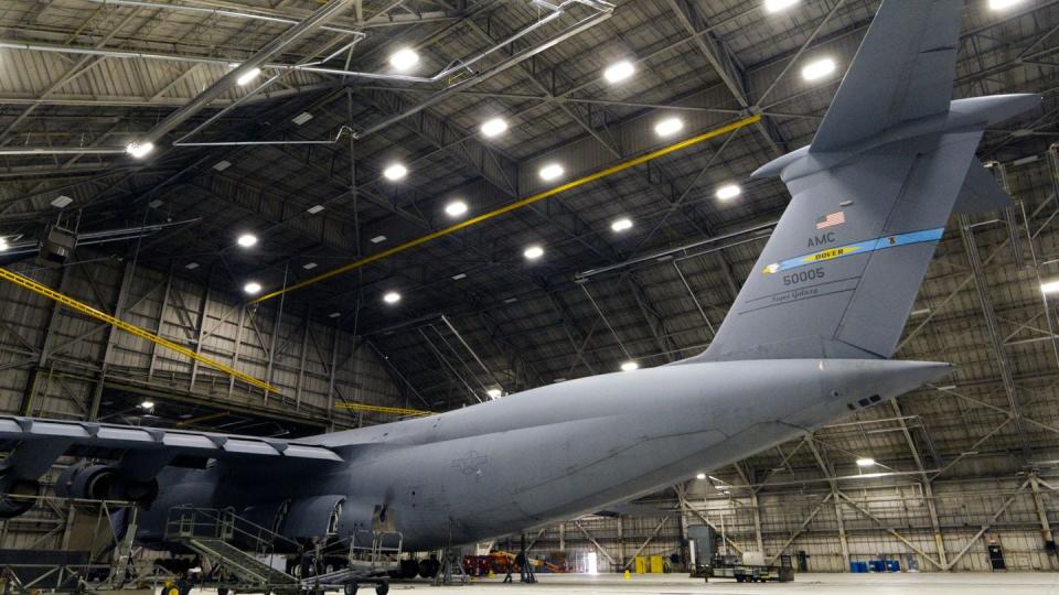 A Lockheed Martin C-5 undergoes inspection, via drone, at a Dover Air Force Base hangar Jan. 23, 2024. (Colin Demarest/C4ISRNET)