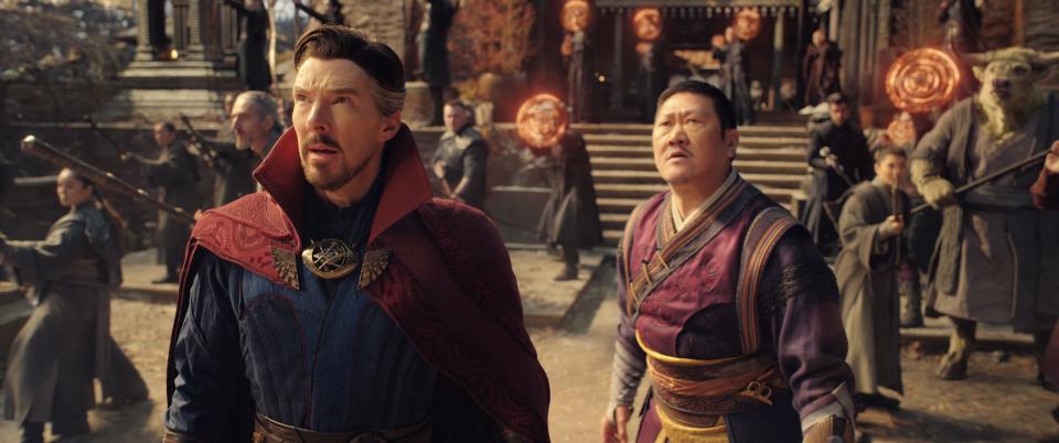 Stephen Strange (Benedict Cumberbatch, left, with Benedict Wong) rallies the magical troops against a formidable enemy in "Doctor Strange in the Multiverse of Madness."