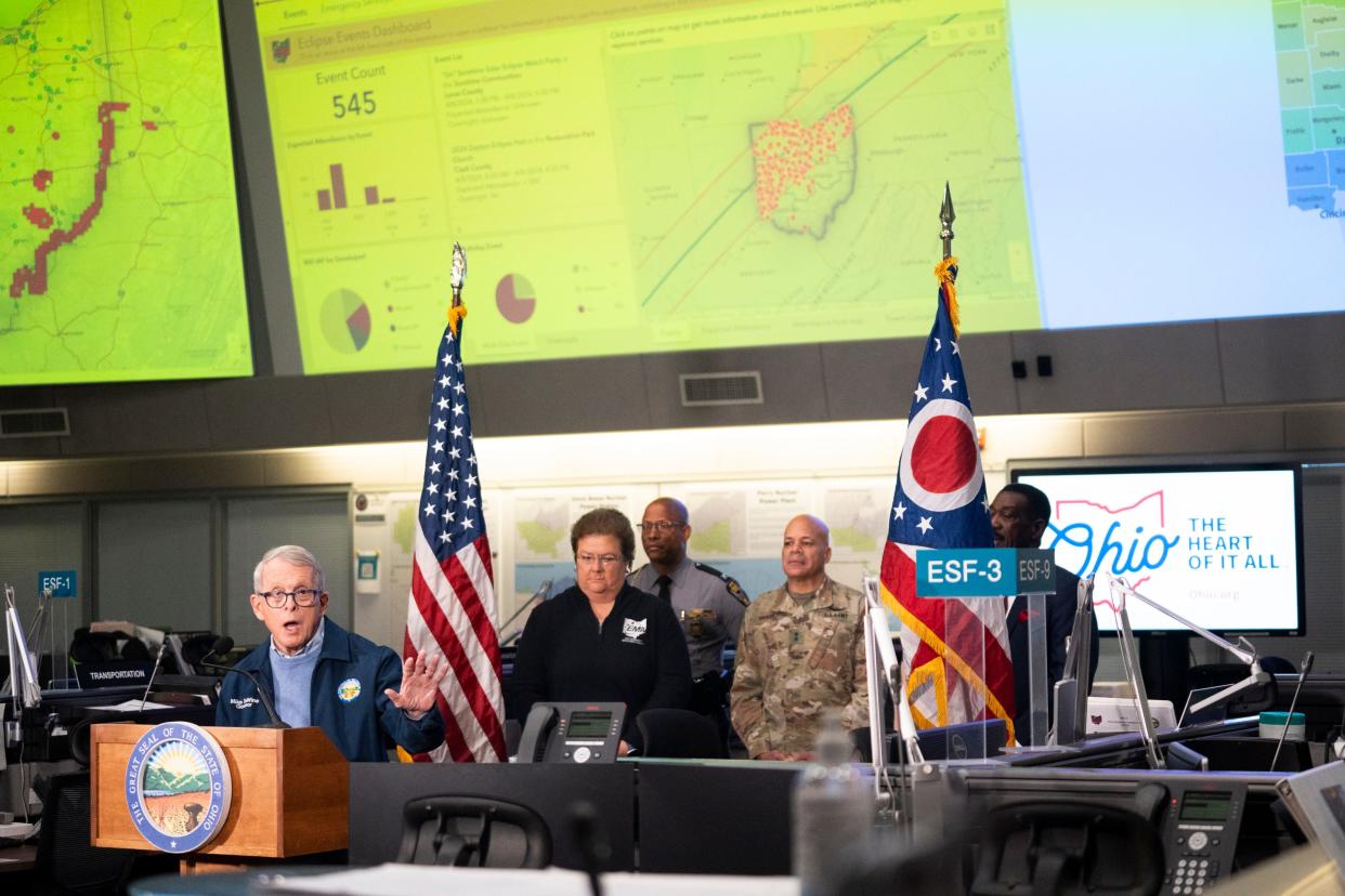 Gov. Mike DeWine and other state officials discuss eclipse preparations during a news conference at the Ohio Emergency Operations Center in Columbus on Friday.