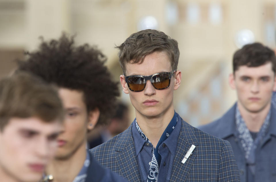 A model wears a creation by British fashion designer Kim Jones for Louis Vuitton's Spring-Summer 2014 men's collection presented Thursday, June 27, 2013 in Paris. (AP Photo/Jacques Brinon)