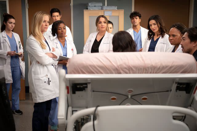 <p>Disney/Anne Marie Fox</p> Jessica Capshaw, Harry Shum Jr., Alexis Floyd, Camilla Luddington, Midori Francis, Niko Terho, Caterina Scorsone, Chandra Wilson and David Chan on "Grey's Anatomy"