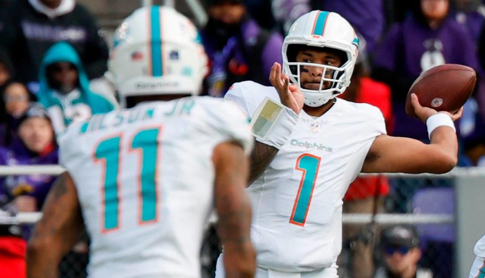 Miami Dolphins quarterback Tua Tagovailoa (1) look to pass during first half of an NFL football game against the Baltimore Ravens at M&T Bank Stadium in Baltimore, Maryland on Sunday, December 31, 2023.