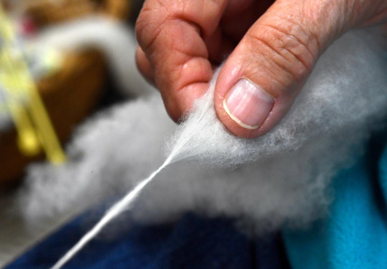 Using her fingers to control the twist, Marianne Marugg feeds cotton into a spinning wheel during a demonstration at the Museum of the West Texas Frontier in Stamford Nov. 19. "From Field to Fabric: Cotton,” highlighted for families the importance of the crop in the region and its impact on the market.