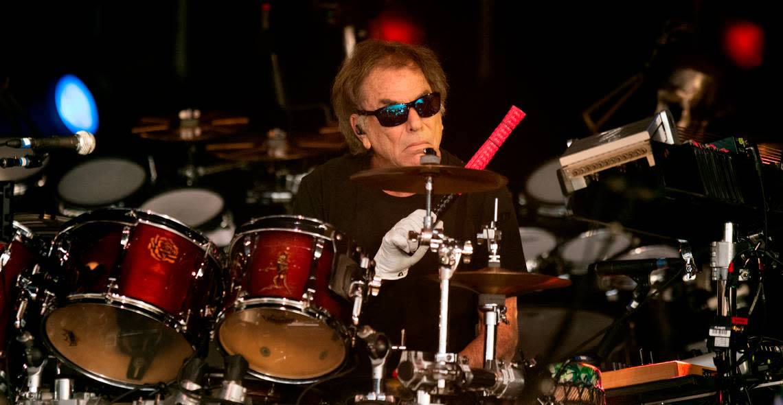 Mickey Hart plays drums during the first set of Dead & Company’s concert on their final tour at Raleigh, N.C.’s Coastal Credit Union Music Park at Walnut Creek, Thursday night, June 1, 2023.