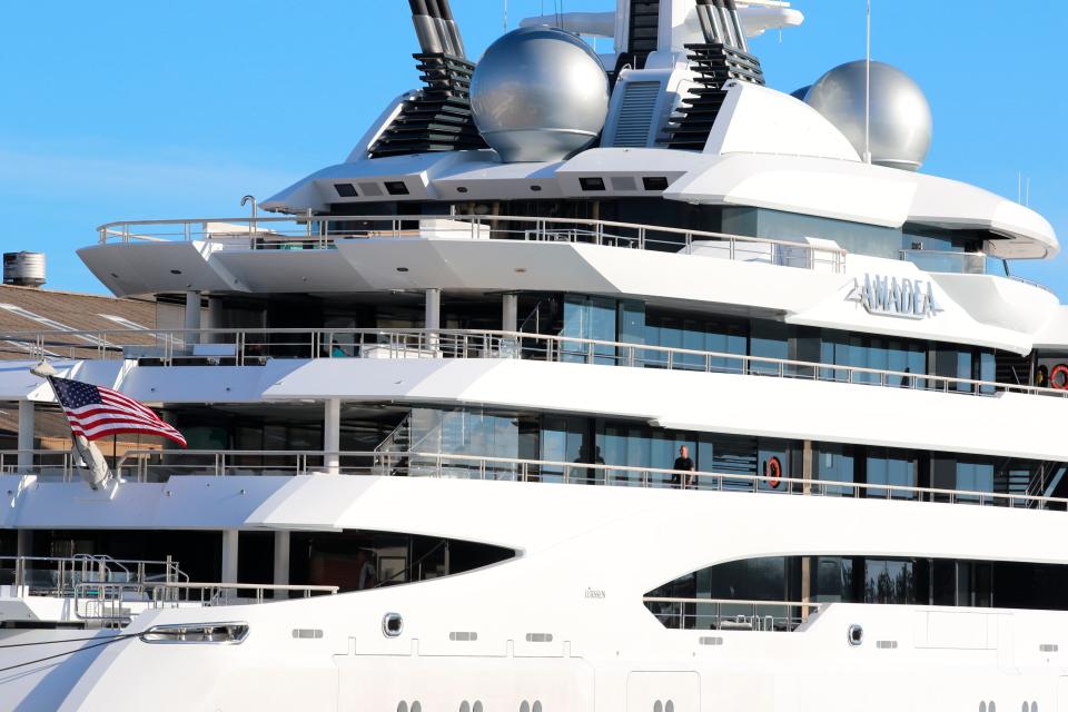 The superyacht Amadea is moored in Honolulu on Thursday, June 16, 2022. A Russian-owned superyacht seized by the United States arrived in Honolulu Harbor flying a U.S. flag after the U.S. last week won a legal battle in Fiji to take the $325 million vessel.