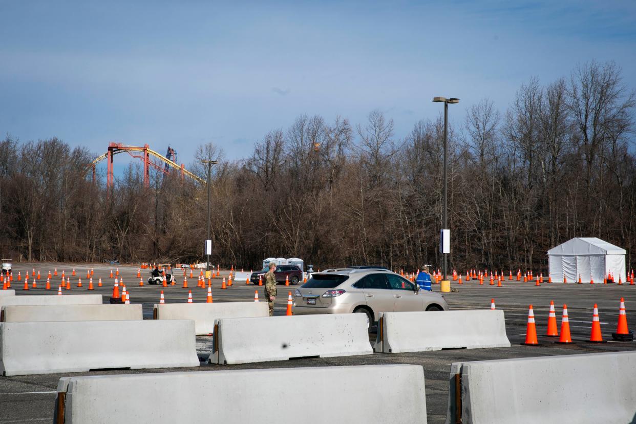 A mass coronavirus vaccination site is seen in the parking lot of Six Flags on February 6, 2021 in Bowie, Maryland.