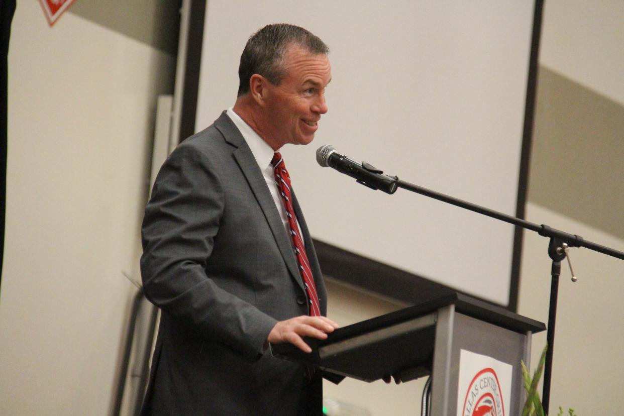 Superintendent Scott Grimes speaks during the Dallas Center-Grimes High School commencement ceremony on Friday, May 27, 2022.