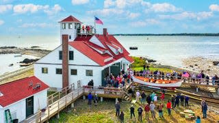 The launching of the Mervin Roberts, a fully restored, original 1930s Coast Guard rescue craft, arrived at Wood Island Life Saving Station in Kittery, Maine, Friday, Sept. 30, 2022.