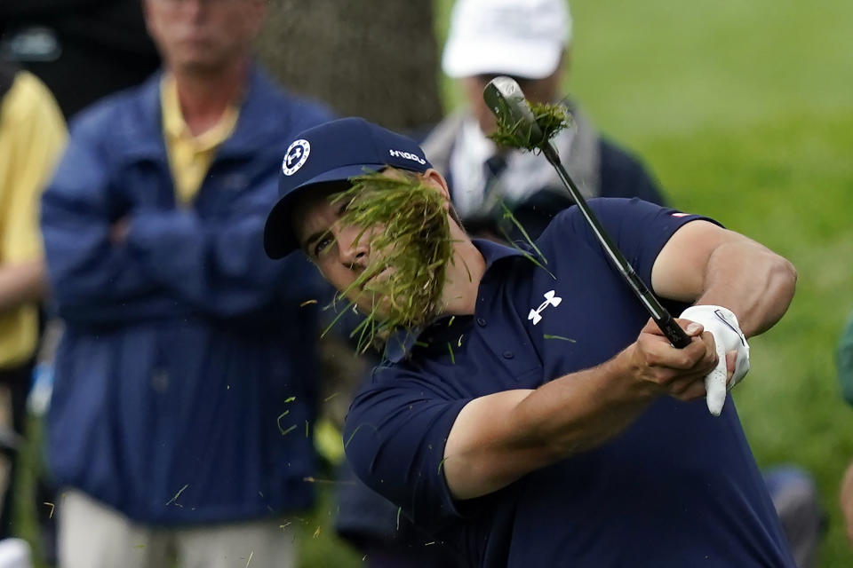 Jordan Spieth hits to the second green during the first round of the Memorial golf tournament, Thursday, June 3, 2021, in Dublin, Ohio. (AP Photo/Darron Cummings)