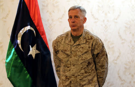 Marine General Thomas Waldhauser, the top U.S. military commander overseeing troops in Africa, attends a news conference with the U.S. ambassador to Libya Peter Bodde and Prime Minister of Libya's Government of National Accord (GNA) Fayez Seraj, in Tripoli, Libya May 23, 2017. REUTERS/Hani Amara