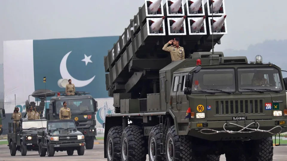 Pakistani-made surface-to-surface missiles Fatah-I and the launcher are displayed during a military parade on March 23, 2024.  (AP)