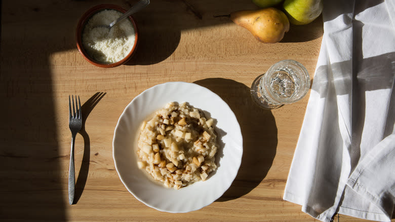 pear balsamic risotto on plate