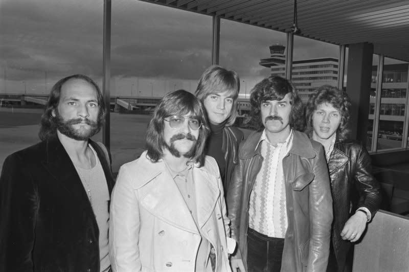 The Moody Blues members in 1970 included (L-R) Mike Pinder, Graeme Edge, Justin Hayward, Ray Thomas and John Lodge, pictured at the Schiphol Airport in The Netherlands. Photo courtesy of the Nationaal Archief, the Dutch National Archives, and Spaarnestad