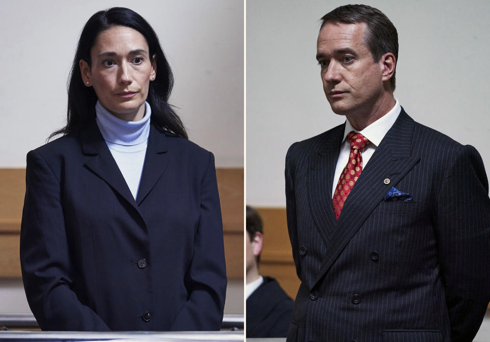 This combination of photos released by AMC shows Sian Clifford, left, and Matthew Macfadyen in scenes from "Quiz," about a couple accused of cheating their way to the top prize on the British version of TV's “Who Wants to Be a Millionaire.” The three-part series debuts on Sunday at 10 p.m. EDT on AMC. (AMC/ITV via AP)