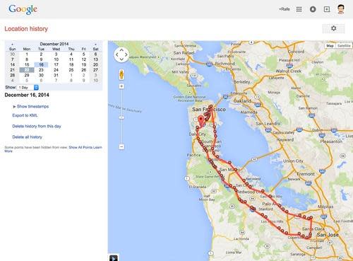 Map showing Google location history