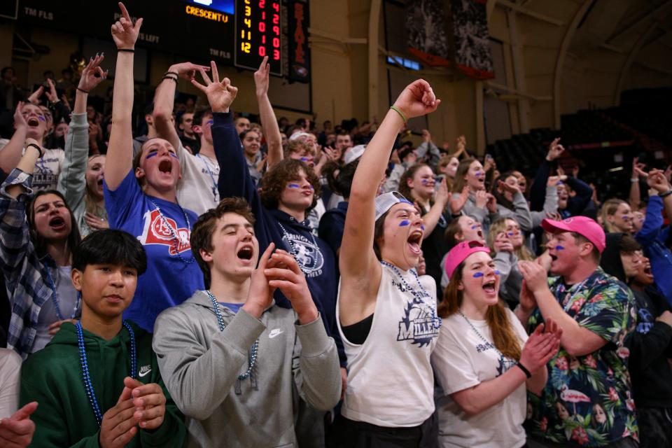 Springfield students cheer during the first half as the Springfield Millers face Crescent Valley Friday, March 10, 2023, in the OSAA 5A girls basketball state championship at Gill Coliseum in Corvallis.