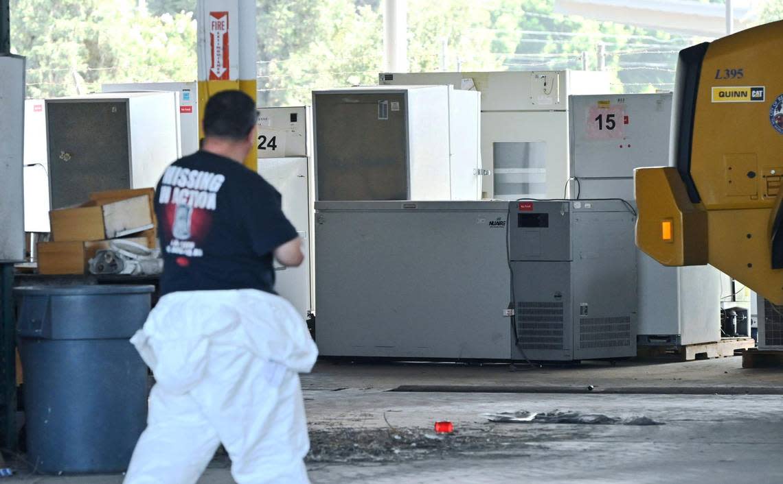 Refrigeration units are seen collected outside the closed warehouse which had been illegally operated by Chinese company Prestige Biotech for storage of hazardous materials. Photographed Tuesday, August 1, 2023 in Reedley.