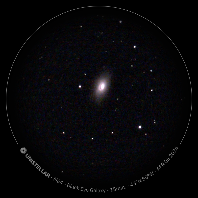 The Black Eye galaxy, as imaged by the Odyssey Pro, with Unistellar’s very helpful watermarking. - Image: George Dvorsky