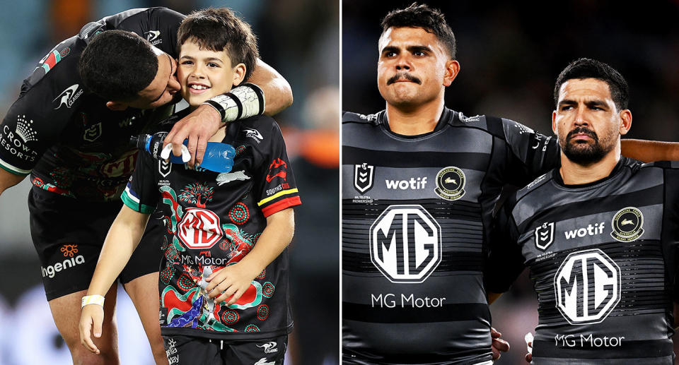 On the left is Cody Walker with one of his sons and with teammate, Latrell Mitchell on right.