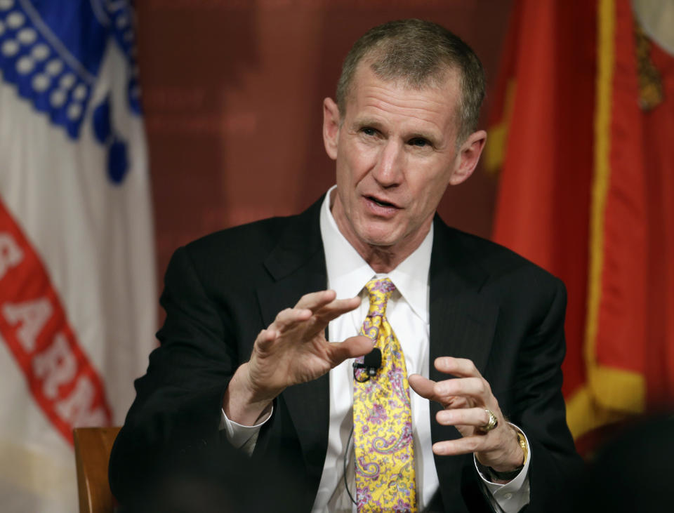 In this March 11, 2013, photo, retired U.S. Army Gen. Stanley McChrystal speaks during a forum called "Ask What You Can Do For America's Veterans" at the John F. Kennedy School of Government at Harvard University, in Cambridge, Mass. The North Carolina Democrat in a U.S. House special election plans to propose broadly increasing national service programs to better tie the country together. Dan McCready makes his pitch Wednesday, July 17, 2019 in suburban Charlotte alongside retired U.S. Army four-star general McChrystal. (AP Photo/Steven Senne)