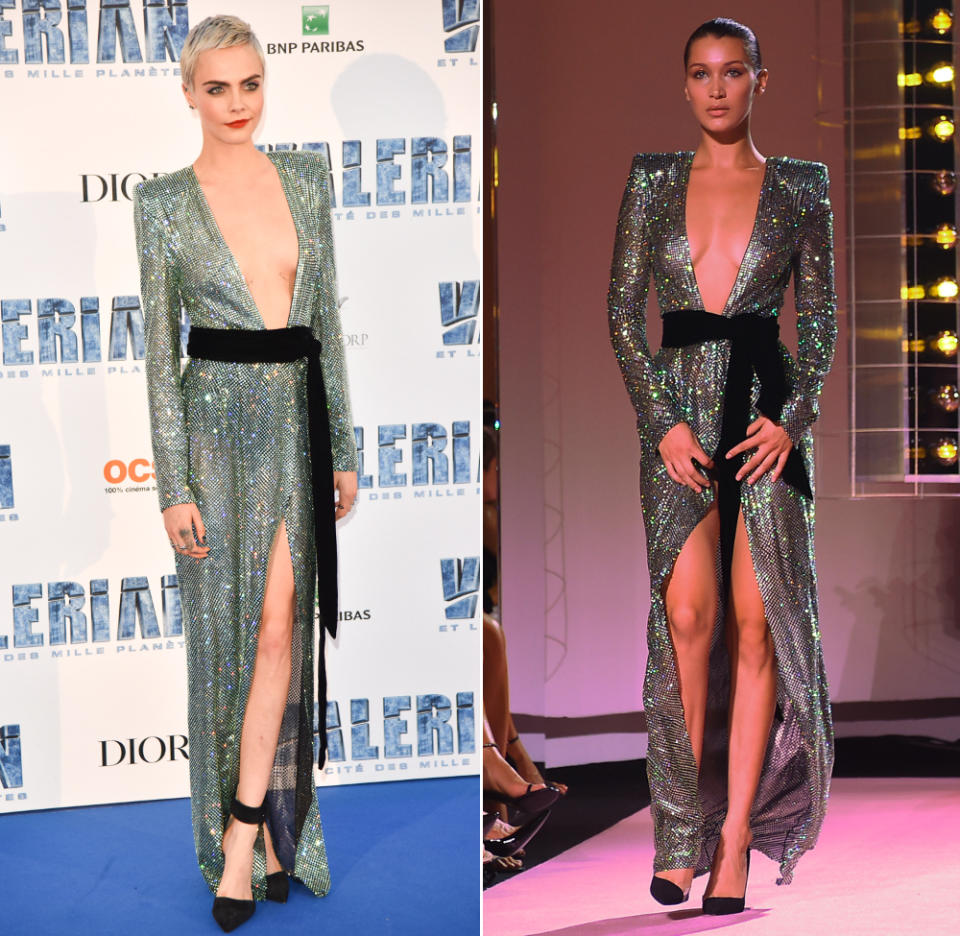 <p>Auf dem roten Teppich so schön wie auf dem Runway der Haute-Couture-Fashion-Week: das Holo-Dress von Alexandre Vauthier, getragen von Cara Delevingne auf der „Valerian“-Premiere in Paris und von Bella Hadid auf dem Laufsteg in Paris. (Bilder: ddp) </p>