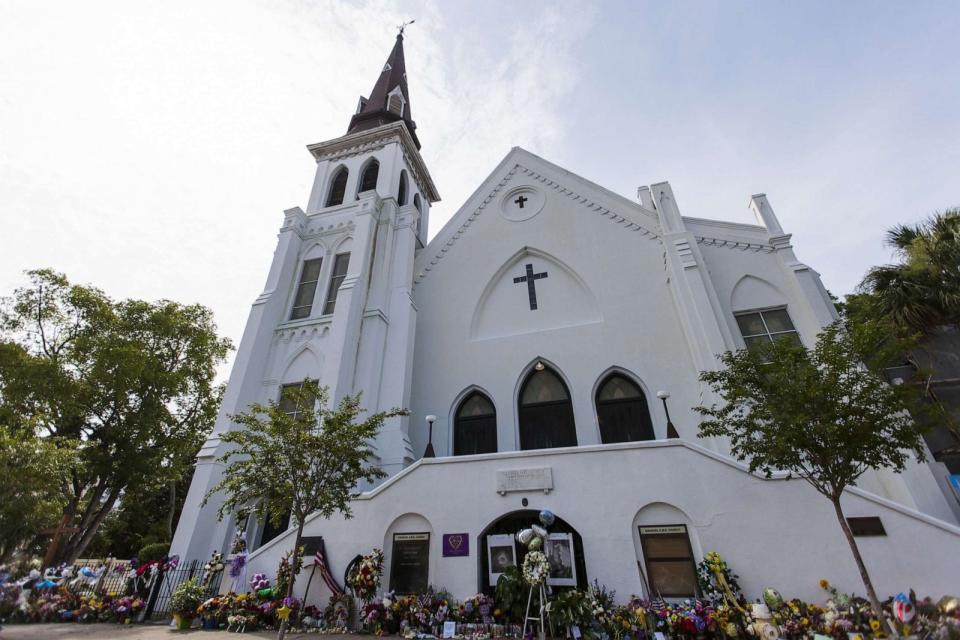 PHOTO: Memorial items line the front of Emanuel African Methodist Episcopal Church, a historic black church, where Dylann Roof, a self declared White Supremacist, allegedly murdered nine black people in Charleston, on June 25, 2015. (Anadolu Agency/Getty Images, FILE)