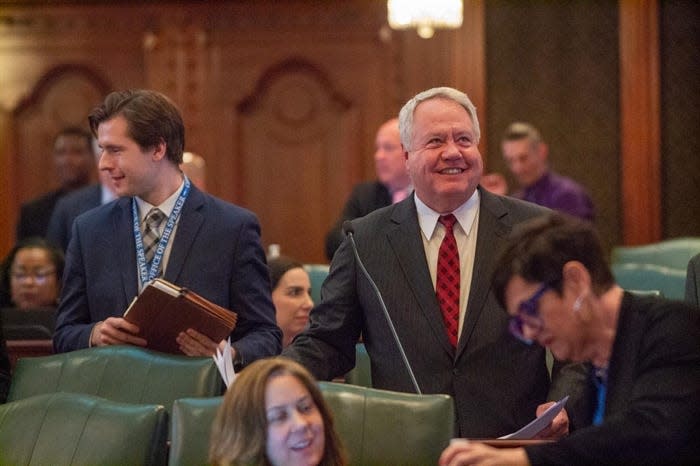 State Rep. Jay Hoffman, D-Swansea, smiles on the House floor after Republicans chose not to debate his proposed election law changes, instead voting present then leaving the chamber for a news conference on Wednesday, May 1, 2024.