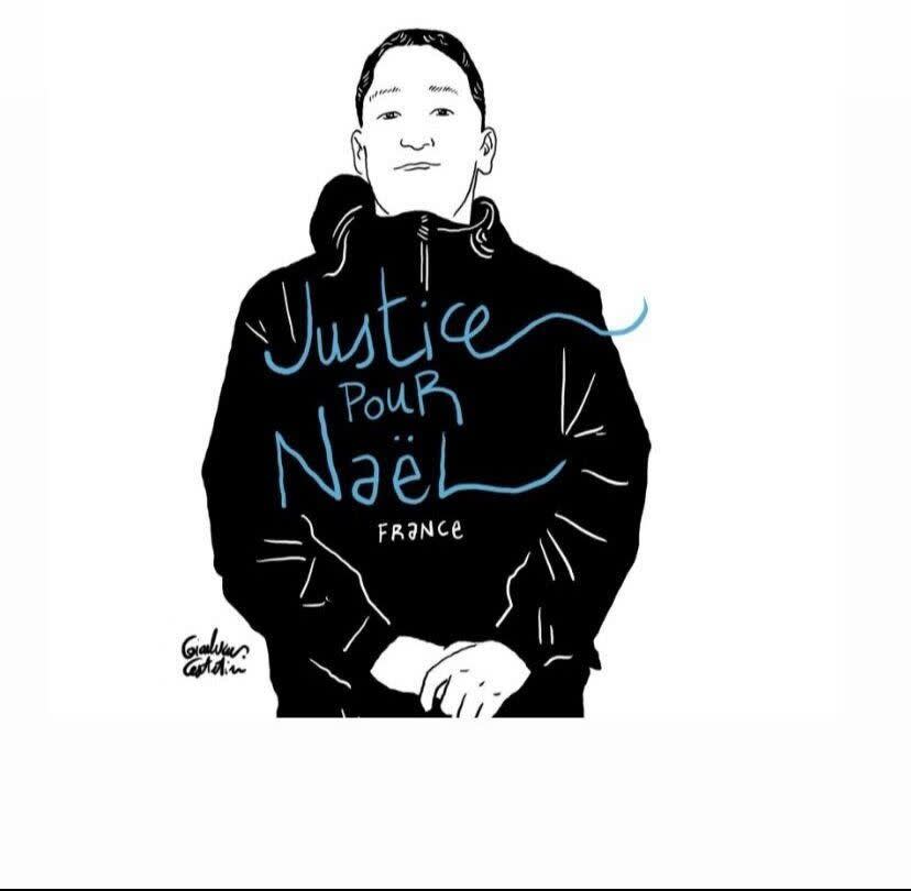 A sketch of Nehal showing the 17-year-old drawn in black and white with the words “Justice for Nahel” written in blue letters across his chest has been shared with The Independent by his family’s lawyers (Supplied)