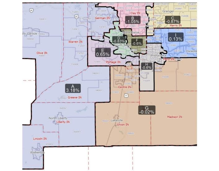 New district maps proposed Wednesday, Dec. 15, 2021, by Republican members of the St. Joseph County Council.