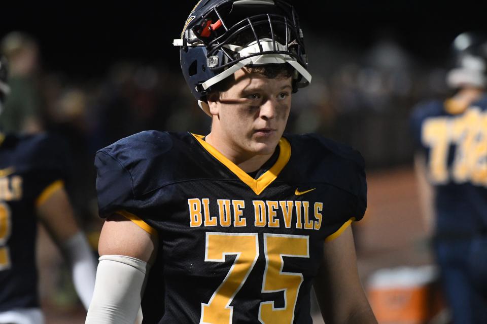 Parker Funk (75) walks on the sideline during Greencastle-Antrim's game against East Pennsboro on Friday, September 22, 2023. The Panthers defeated the Blue Devils 24-13.