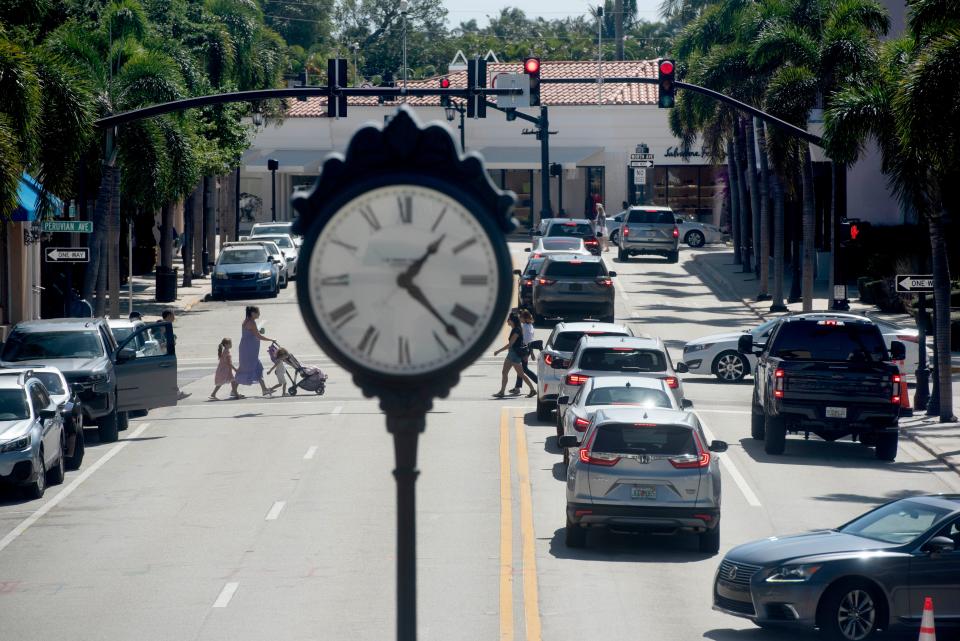 Traffic is heavy along South County Road and Peruvian Avenue February 22, 2023 in Palm Beach. 