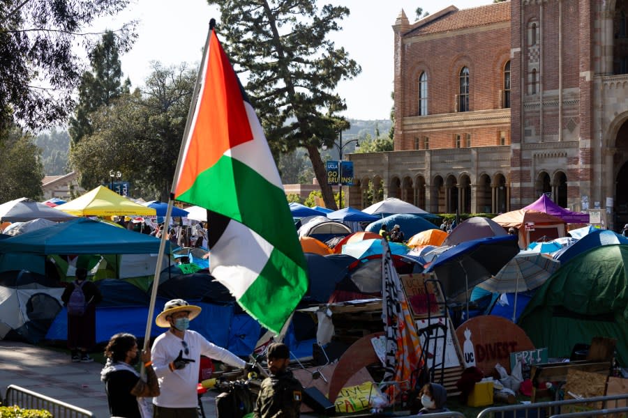 LOS ANGELES, CA – APRIL 28: Pro-Palestinian students and activists set up an encampment on campus as they demonstrate at the University of California Los Angeles (UCLA) on April 28, 2024 in Los Angeles, California. Protests against Israel’s military actions in Gaza have intensified across multiple American universities for over a week, calling for a permanent ceasefire in the Gaza Strip as well as the cessation of U.S. military aid to Israel. (Photo by Qian Weizhong/VCG via Getty Images)