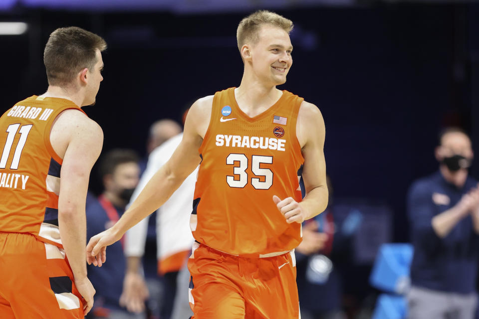 INDIANAPOLIS, INDIANA - MARCH 19: Buddy Boeheim #35 of the Syracuse Orange reacts during the second half against the San Diego State Aztecs in the first round game of the 2021 NCAA Men's Basketball Tournament at Hinkle Fieldhouse on March 19, 2021 in Indianapolis, Indiana. (Photo by Andy Lyons/Getty Images)