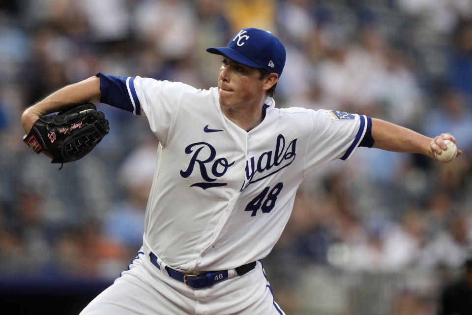 Kansas City Royals starting pitcher Ryan Yarbrough throws during the first inning of a baseball game against the Detroit Tigers Wednesday, July 19, 2023, in Kansas City, Mo. (AP Photo/Charlie Riedel)