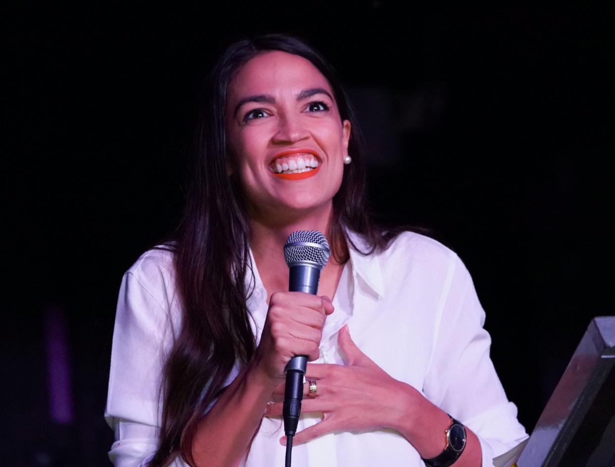 Alexandria Ocasio-Cortez speaks to her supporters during her election night party in the Queens Borough of New York: AFP/Getty Images