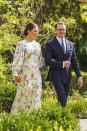 Crown Princess of Norway Victoria and her husband Prince Daniel arrive at the marriage ceremony of Crown Prince Hussein and Saudi architect Rajwa Alseif on Thursday, June 1, 2023, in Amman, Jordan. (Royal Hashemite Court via AP)