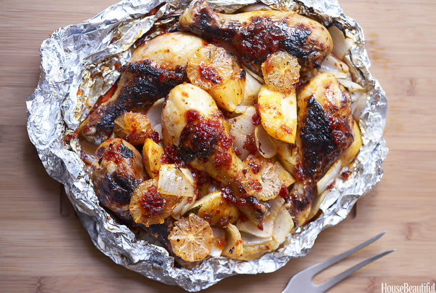 Broiled Chicken Legs with Onions, Apples, and Chunky Lemon-Pepper Sauce