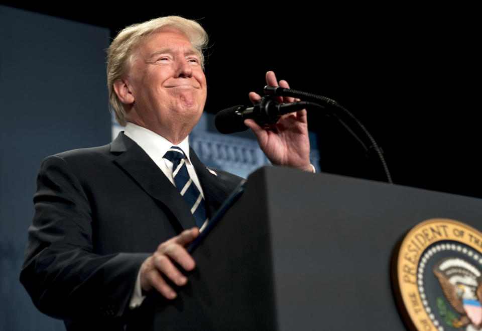 President Trump pauses while speaking at the 2018 House and Senate Republican Member Conference at the Greenbrier resort in White Sulphur Springs, W.Va., Thursday, Feb. 1, 2018. (Photo: Andrew Harnik/AP)