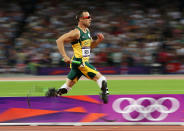 LONDON, ENGLAND - AUGUST 10: Oscar Pistorius of South Africa competes during the Men's 4 x 400m Relay Final on Day 14 of the London 2012 Olympic Games at Olympic Stadium on August 10, 2012 in London, England. (Photo by Ezra Shaw/Getty Images)