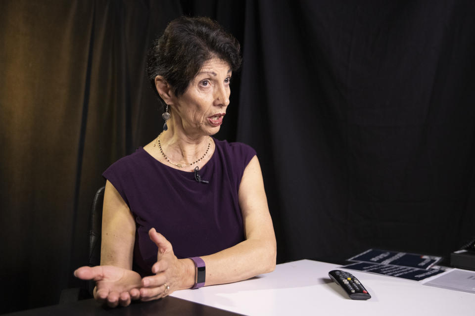 Diane Foley, mother of journalist James Foley, who was killed by the Islamic State terrorist group in a graphic video released online, speaks to the Associated Press during an interview in Washington, Wednesday, June 19, 2019. The U.S. must do a better job communicating with families of American hostages held overseas, including telling “hard truths” about the chances for rescue and clarifying the government’s position on ransom payments to captors, according to a new report from the James W. Foley Legacy Foundation. (AP Photo/Manuel Balce Ceneta)