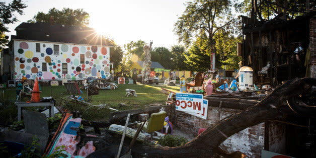 DETROIT, MI - SEPTEMBER 03:  An art instillation created amongst the ruins of a partially burned-down home sits amongst the 'Heidelberg project,' which is an 'open air art environment' centered around one block in Detroit, on September 3, 2013 in Detroit, Michigan. The Heidelberg project is the brain child of Tyree Guyton. He and other artists use the urban environment (including homes and sidewalks) as a canvas for art, which they make using paint and recycled materials.  (Photo by Andrew Burton/Getty Images) (Photo: )