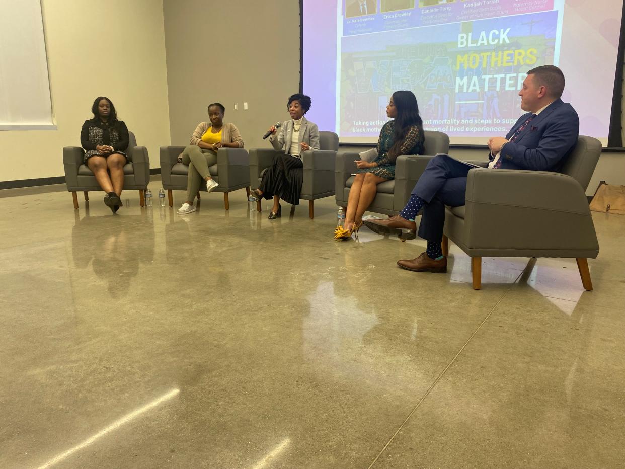 From left to right: Kadijah Torion, a certified doula and owner of Pure Heart Doula; Jatu Boikai, maternity nurse manager at Mount Carmel Grove City; Danielle Tong, executive director of Celebrate One; Franklin County Commissioner Erica Crawley, and Dr. Nate Overmire, Franklin County coroner, whose office hosted the Black Mothers Matter panel discussion Tuesday night at the Linden Community Center.